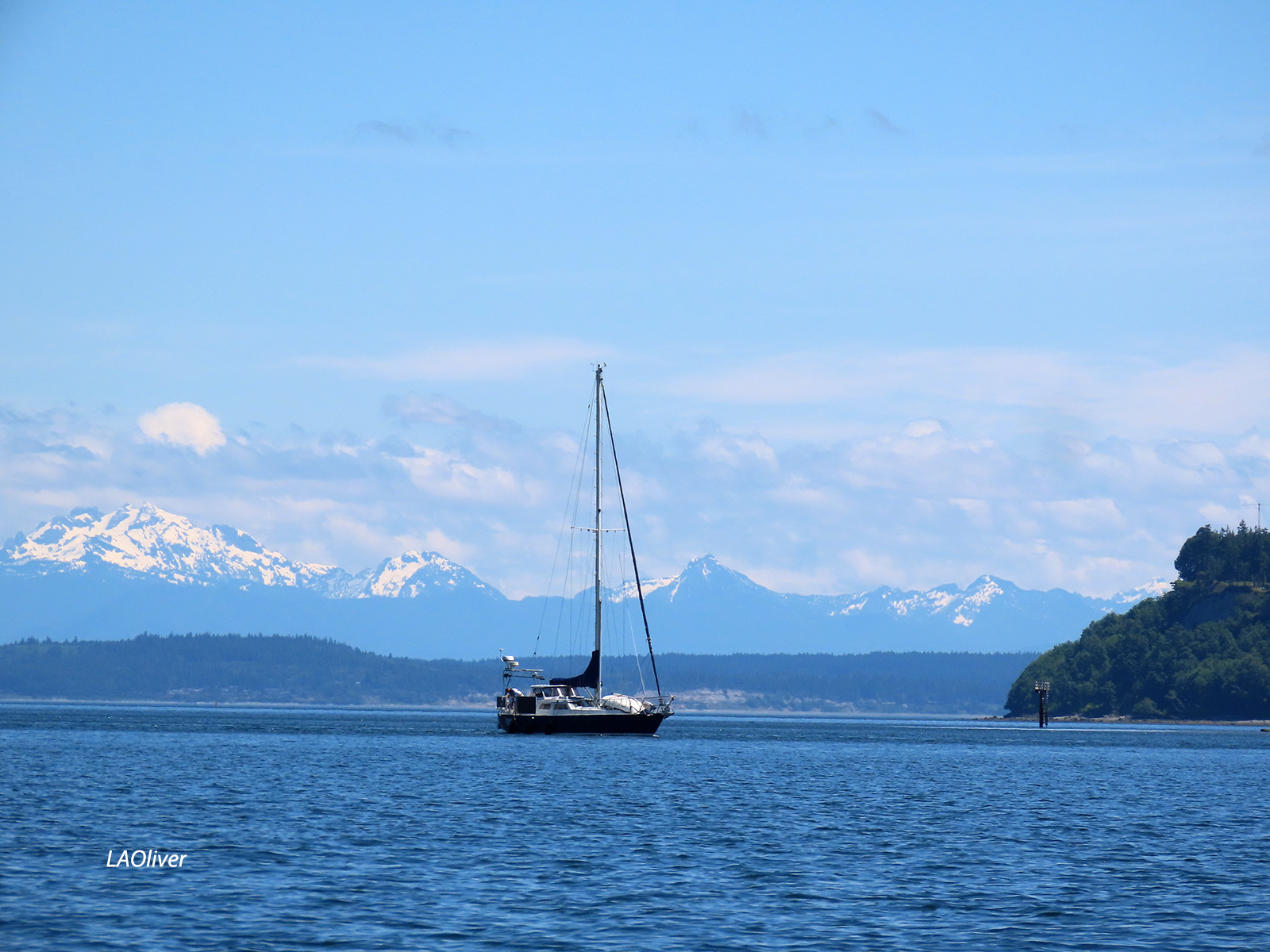 Sailboat with the Cascade Mountains in the background Sailboat with the Cascade Mountains in the background