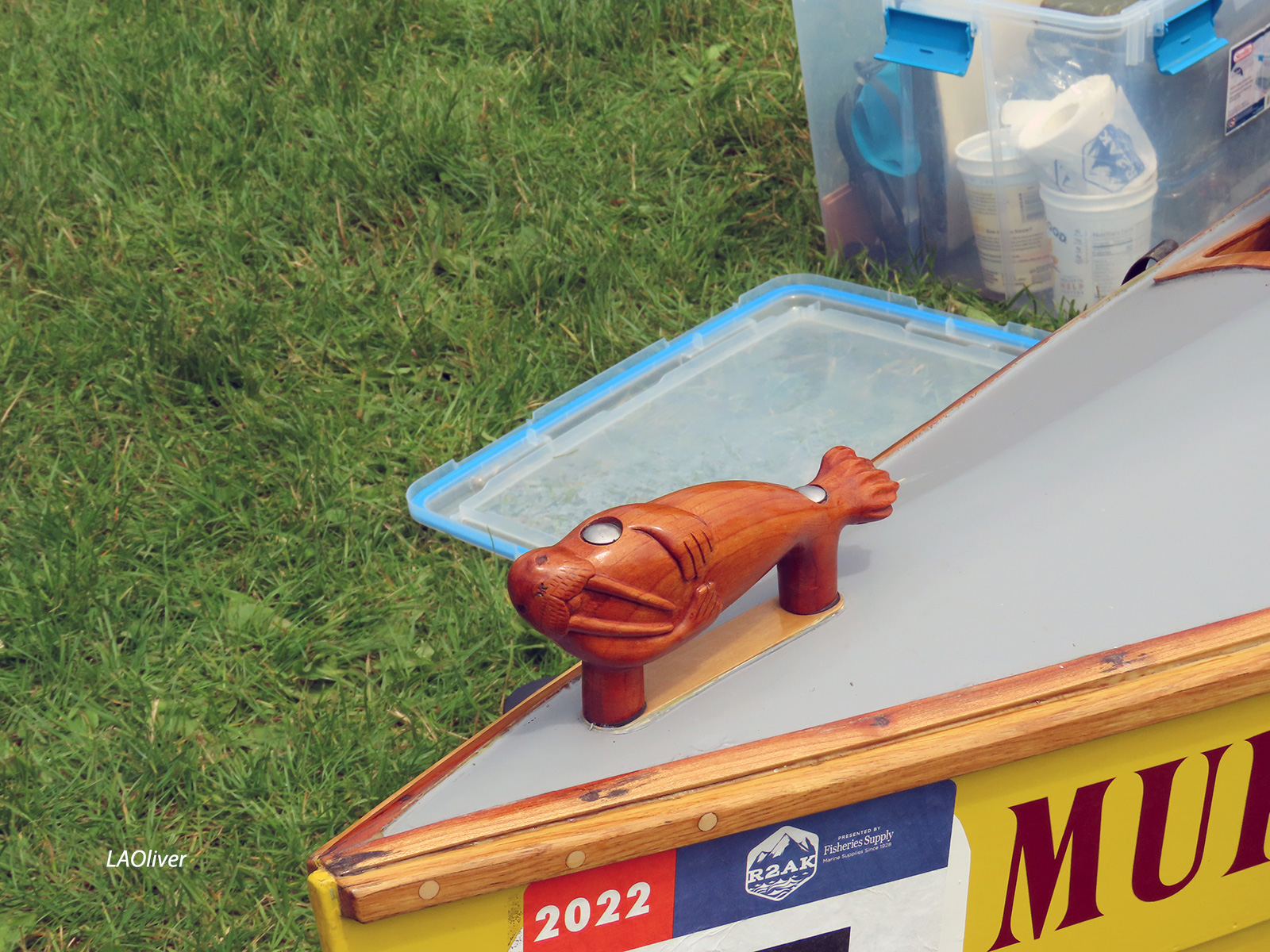 Walrus bow ornament on the Don't Tell Mom boat